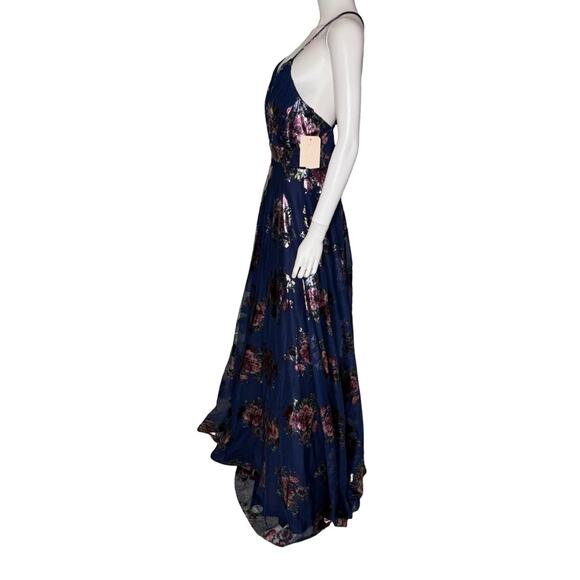 City Studios Juniors' Strappy Floral Metallic Mesh Gown Navy/Purple Sz 7/8 - Picture 4 of 9